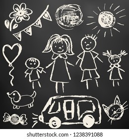 Children's drawings. Elements for the design of postcards, backgrounds, packaging. Chalk on a blackboard. Family, sun, ball, dog, car, cat