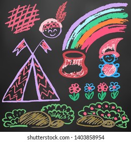 Children's drawings. Elements for the design of postcards, backgrounds, packaging