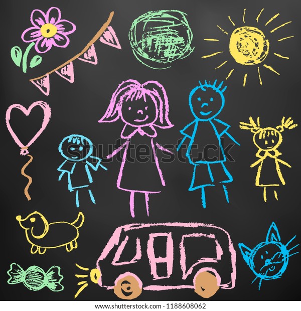 Children\'s drawings. Elements for the design of\
postcards, backgrounds, packaging. Color chalk on a blackboard.\
Family, sun, ball, dog, car,\
cat