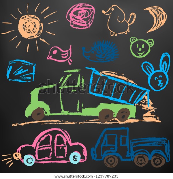Children\'s drawings. Elements for the design of\
postcards, backgrounds, packaging. Color chalk on a blackboard.\
Truck with sand, cars, sun,\
faces