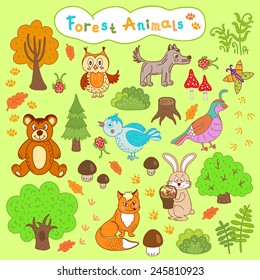 children's drawings forest animals, cartoon set of cute wild animals 