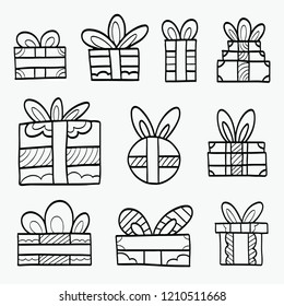 Children's drawings of gift boxes in black and white made for coloring