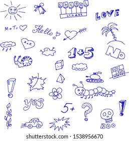 Children's drawings, grades and inscriptions made by a blue pen. Vector doodle set: back to school.
