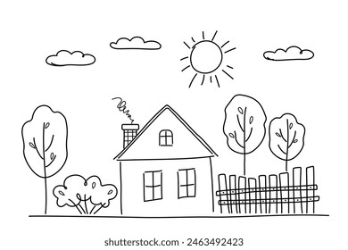 Children's drawings. House, trees, sun, clouds, fence. Coloring for children. Designs for banners, wallpaper, clothes. Drawing with black outlines on white background.