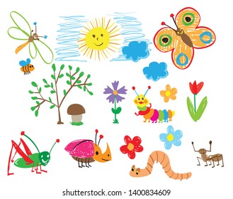 Children's drawings of insects, the sun and flowers. The child draws summer.