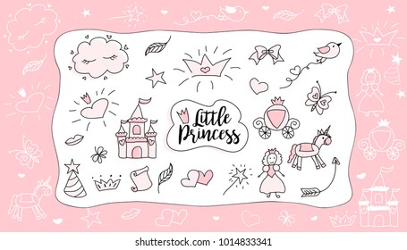 Children's drawings. Little Princess. Set of doodle illustration hand drawn. Sketch design for cute party(baby shower, girl birthday) isolated on white background. Pink with black outlines.Photo frame