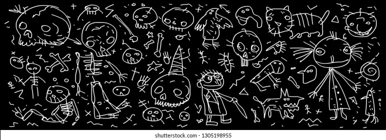 Children's drawings painted with white chalk on a black background. Sketchy doodle style funny vector illustration. 