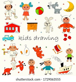 children's drawings with pencils are collected in the illustration