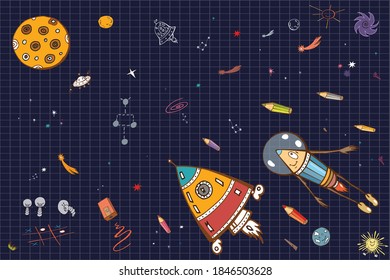 Children's drawings. Pencils in space. Back to Mars. Vector illustration.