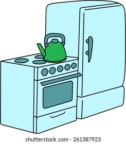 Children's drawings. Refrigerator, gas stove, kettle.