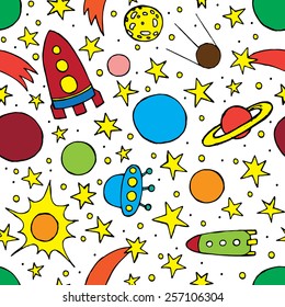 children's drawings of rockets and stars seamless background