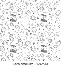 Children's drawings seamless pattern. Child's painting background with doodle technical device elements - gears, clock, hourglass, arrows. Childish linear style. Black and white vector illustration.