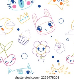 Childrens drawings seamless pattern. Repeating design element for printing on fabric. Minimalistic creativity and art. Fantasy and imagination, cake and flower. Cartoon flat vector illustration