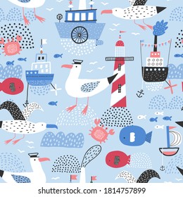Children's drawings. Seamless pattern with ships, fish, lighthouse, seagull, sea and waves.Blue background.