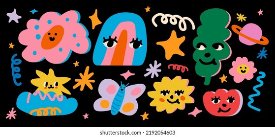 Children's drawings set with colorful  cartoon funny abstract characters and monsters and various graphic elements isolated on black background. Vector illustration