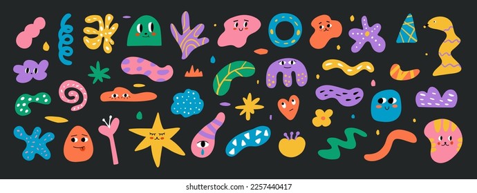 Childrens drawings set with colorful cartoon funny abstract characters and monsters and various graphic elements isolated on black background. Vector illustration