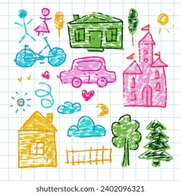 Juego de dibujos para niños. Casa, castillo, árbol, auto y nubes. Ilustración vectorial de lápiz de cera de color. Hand dibujó garabatos graciosos. Esbozo para niños pequeños