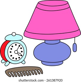 Children's drawings. Table lamp, clock, comb.