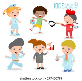 Children's dream jobs, professions in  dream for kids, Happy children in work wear.