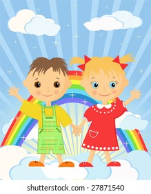 Children's dreams. Rainbow and sunshine.  Vector illustration.