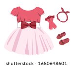 Children's dress is beautiful. Tulle and lace. Dress up party wear for girls. Princess costume. Peach and pink colors. Vector illustration isolated on a white background.