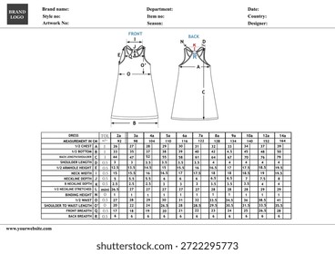 Bocetos planos técnicos y tabla de medición del vestido de los niños
