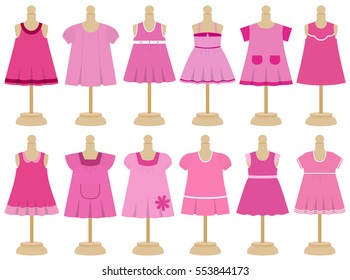 Children's dresses in flat design on mannequins. Collection clothes for girls. Set of dress. Vector illustration.