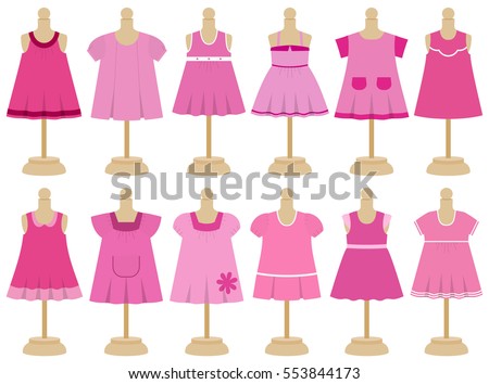 Children's dresses in flat design on mannequins. Collection clothes for girls. Set of dress. Vector illustration.