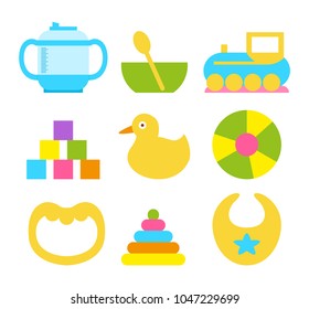 Children's drinker, bowl with spoon, toy train truck, set of blocks, rubber duck, color ball, plastic rattle, pyramid constructor and bib vector icons
