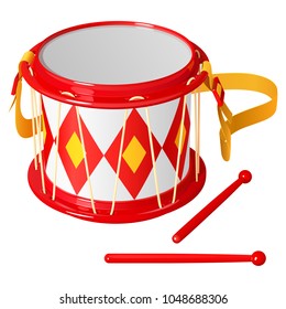 Children's drum with chopsticks, bright red and yellow, isolated on white background

