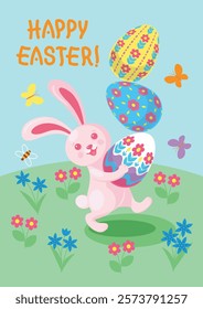 Children's easter card with cute funny bunny carrying painted eggs. Background, poster, flyer, invitation