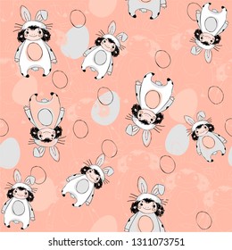 Children's Easter pattern. Seamless Vector pattern with a baby in a Bunny costume and Easter eggs. Happy Easter. Сartoon  Easter Rabbit print for scrapbooking, fabric, wrapping paper.