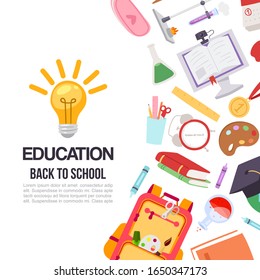 Childrens education and 1 september back to school vector illustration. Backpacks, pens, colors, chemestry and computer, books for kids education isolated on white background poster.