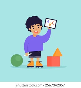 Children's education. Boy learns to write letters, learns alphabet, holds a tablet in his hand. Preparation for school. Flat design vector illustration.