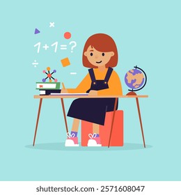 Children's education. Chemistry, geography, mathematics. Girl doing homework. Preparation for school. Flat design vector illustration.