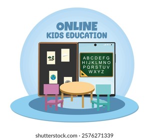 Children's education conducted online with digital tools, highlighting learning opportunities with interactive and engaging resources for young learner. Flat vector modern illustration 