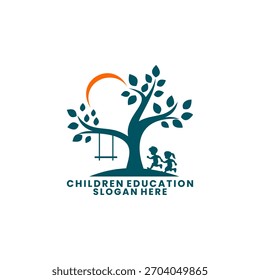 Children's education playing swing on a tree logo design vector template. Children's education logo design vector template