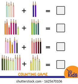 Children's educational addition game. Vector illustration. Count how many pencils you get