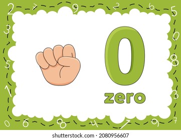 Children's educational cards with numbers. Flashcards finger counting. Kid's hand showing the number zero by fingers. Zero to Ten.