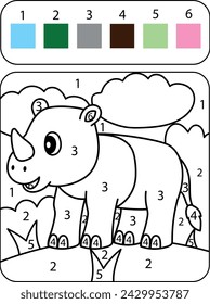 Children's educational coloring page. Coloring by numbers. African animals rhinoceros