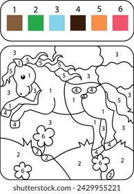 Children's educational coloring page. Coloring by numbers. Pony horse