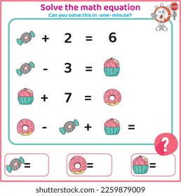 Children's educational counting game. Mathematics activity for kids. Solve equation. Logic worksheet. Challenge tasks. Valentine's Day math worksheet.