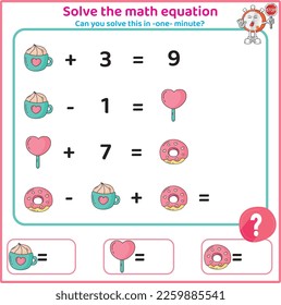 Children's educational counting game. Mathematics activity for kids. Solve equation. Logic worksheet. Challenge tasks. Valentine's Day math worksheet.
