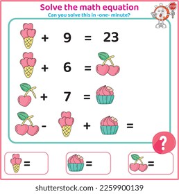 Children's educational counting game. Mathematics activity for kids. Solve equation. Logic worksheet. Challenge tasks. Valentine's Day math worksheet.
