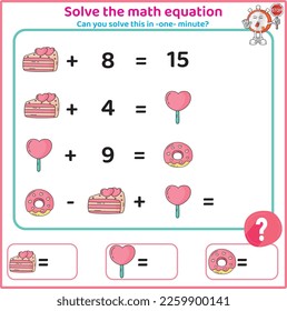 Children's educational counting game. Mathematics activity for kids. Solve equation. Logic worksheet. Challenge tasks. Valentine's Day math worksheet.
