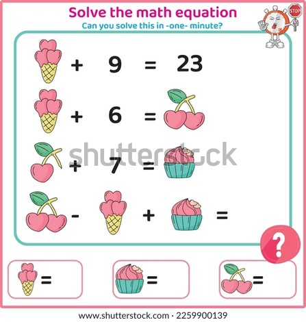 Children's educational counting game. Mathematics activity for kids. Solve equation. Logic worksheet. Challenge tasks. Valentine's Day math worksheet.

