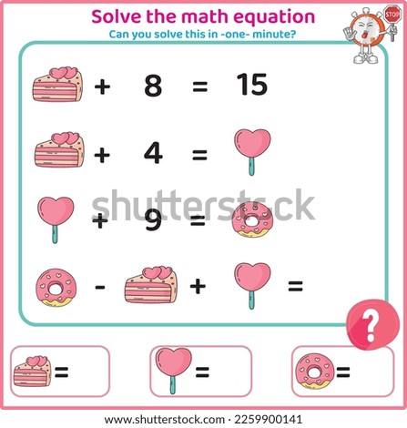Children's educational counting game. Mathematics activity for kids. Solve equation. Logic worksheet. Challenge tasks. Valentine's Day math worksheet.
