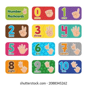 Children's educational flashcards with numbers. Counting on the fingers. Kids learn to count zero to ten. Baby cards with numbers for counting.