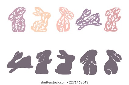 Childrens educational fun. Find right black silhouette for delicate tracery rabbits. Vector template for Easter preschool games. Find the correct shadow for bunnies.  Drawing of ornamental hares