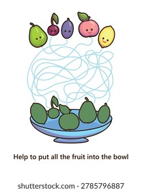 Children's educational game for the age of 3 to 5 years with drawn fruits, helping to find the desired shape and practice fine motor skills of the hands